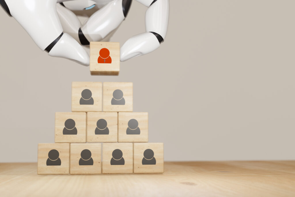 3d rendering robot hand put ,pick or choose the one who got idea or special or right man for job than other in human resources management (hrm) or recruitment in business concept